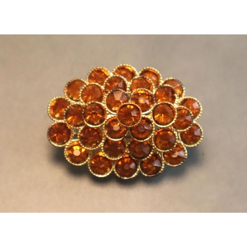 Czech Orange Rhinestone Brooch Domed Vintage Czecho Pin